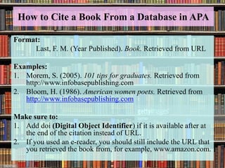 How to Cite a Book From a Database in APA
Format:
Last, F. M. (Year Published). Book. Retrieved from URL
Examples:
1. Morem, S. (2005). 101 tips for graduates. Retrieved from
http://www.infobasepublishing.com
2. Bloom, H. (1986). American women poets. Retrieved from
http://www.infobasepublishing.com
Make sure to:
1. Add doi (Digital Object Identifier) if it is available after at
the end of the citation instead of URL.
2. If you used an e-reader, you should still include the URL that
you retrieved the book from, for example, www.amazon.com.
 