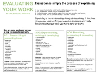 AO1: Researching &
generating ideas  
- researched 
- selected 
- chose 
- reviewed 
- compared 
- contrasted 
- a range of 
- a variety of decided 
- responded 
- appreciated 
- imagined 
- wondered 
- considered
Example: I began this project by researching a
variety of artists and photographers online
whose work expressed the theme of X. 

I particularly responded to the work of X. His/Her
images are imaginative and skilful and I was
keen to explore how to…
AO2: Experimenting,
refining & developing  
- experimented 
- played with 
- explored 
- learned how to... 
- developed my skills in... 
- watched online demos for... 
- refined revised thought 
- chose 
- selected 
- media 
- processes 
- techniques
Example: I have explored a range of media,
processes and techniques in this project
including... 

I have refined my work in various ways. For
example... 

I found the technique of X very challenging and it
took me a long time and plenty of patience to
make real progress.
AO4: Resolving,
presenting & evaluating  
- presented 
- mounted 
- displayed 
- resolved 
- personal 
- meaningful satisfied/pleased with 
- reflected  
- reviewed 
- audience 
- viewed 
- understanding 
- represented/presented 
- outcomes 
 
Example: I am pleased with my final outcomes
because they represent how I feel about the
theme of X.
I have chosen to display them in a particular
way because... 

If I had more time I would like to explore the
theme of X in even more detail by...
Evaluation is simply the process of explaining
1. your research about other artists' work and the ideas you have had 

2. your experiments and the way you have refined them 

3. the decisions you made along the way and how you have recorded your learning 

4. what you made, how you chose to display it and what it means  
Explaining is more interesting than just describing. It involves
giving clear reasons for your creative decisions and really
thinking hard about what you have done and why.
EVALUATING
YOUR WORK
KEY WORDS AND PHRASES
Here are some words and phrases
to help you evaluate your work.
 