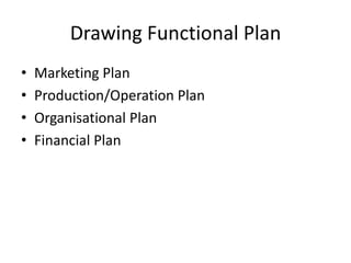 Drawing Functional Plan
•   Marketing Plan
•   Production/Operation Plan
•   Organisational Plan
•   Financial Plan
 
