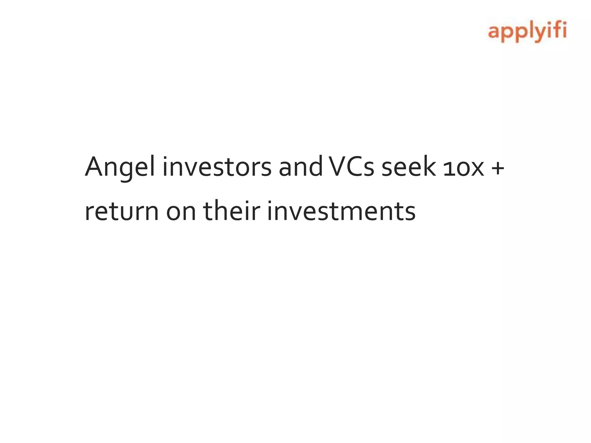 Angel investors andVCs seek 10x +
return on their investments
 