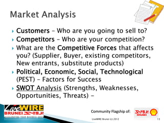 Community Flagship of:
 Customers – Who are you going to sell to?
 Competitors – Who are your competition?
 What are th...