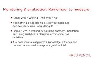 The image part with relationship ID rId20 was not found in the file.
Monitoring & evaluation: Remember to measure
¡ Check what’s working – and what’s not.
¡ If something is not helping deliver your goals and
achieve your vision – stop doing it!
¡ Find out what’s working by counting numbers, monitoring
and using analytics to plan your communications
activities.
¡ Ask questions to test people’s knowledge, attitudes and
behaviours – annual surveys are great for this!
 