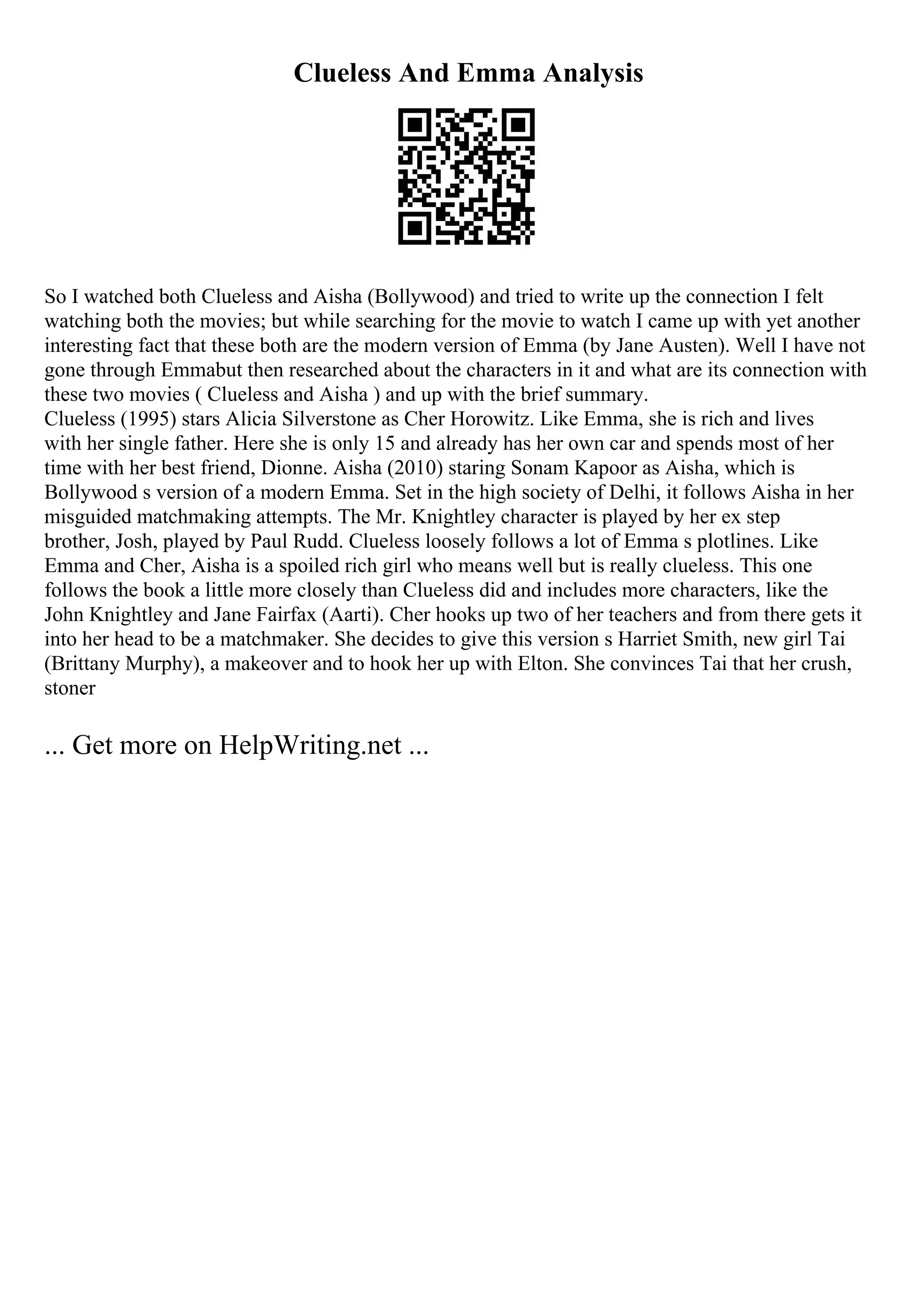 Clueless And Emma Analysis
So I watched both Clueless and Aisha (Bollywood) and tried to write up the connection I felt
watching both the movies; but while searching for the movie to watch I came up with yet another
interesting fact that these both are the modern version of Emma (by Jane Austen). Well I have not
gone through Emmabut then researched about the characters in it and what are its connection with
these two movies ( Clueless and Aisha ) and up with the brief summary.
Clueless (1995) stars Alicia Silverstone as Cher Horowitz. Like Emma, she is rich and lives
with her single father. Here she is only 15 and already has her own car and spends most of her
time with her best friend, Dionne. Aisha (2010) staring Sonam Kapoor as Aisha, which is
Bollywood s version of a modern Emma. Set in the high society of Delhi, it follows Aisha in her
misguided matchmaking attempts. The Mr. Knightley character is played by her ex step
brother, Josh, played by Paul Rudd. Clueless loosely follows a lot of Emma s plotlines. Like
Emma and Cher, Aisha is a spoiled rich girl who means well but is really clueless. This one
follows the book a little more closely than Clueless did and includes more characters, like the
John Knightley and Jane Fairfax (Aarti). Cher hooks up two of her teachers and from there gets it
into her head to be a matchmaker. She decides to give this version s Harriet Smith, new girl Tai
(Brittany Murphy), a makeover and to hook her up with Elton. She convinces Tai that her crush,
stoner
... Get more on HelpWriting.net ...
 