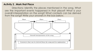 Directions: Identify the places mentioned in the song. What
are the important events happened in that place? What is your
overall interpretation on the song? What contexts can be derived
from the song? Write your answers in the box below.
Activity 2 . Mark that Place
 