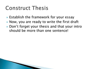 Establish the framework for your essayNow, you are ready to write the first draftDon’t forget your thesis and that your intro should be more than one sentence!Construct Thesis