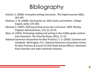 Bibliography
Kinloch, V. (2009). Innovative writing instruction. The English Journal, 98(5),
         103-107.
Maimon, S. M. (2000). Clearing the air: WAC myths and realities. College
         English, 62(5), 573-583.
McLeod, S. (1987). Defining writing across the curriculum. WPA: Writing
         Program Administration, 11(1-2), 19-24.
Moss, B. (1991). Promoting reading and writing in the middle-grade content-
         area classroom. The Clearing House, 65(1), 11-13.
National Governors Association for Best Practices, C. o. (2010). Common core
         standards. Washington, D.C.: National Governors Association Center
         for Best Practices & Council of Chief State School Officers. Retrieved
         from Common core state standards initiative.
 