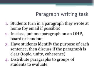 Paragraph writing task
1. Students turn in a paragraph they wrote at
   home (by email if possible)
2. In class, put one paragraph on an OHP,
   board or handout
3. Have students identify the purpose of each
   sentence, then discuss if the paragraph is
   clear (topic, unity, coherence)
4. Distribute paragraphs to groups of
   students to evaluate
 