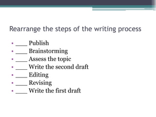 Rearrange the steps of the writing process
•   ___ Publish
•   ___ Brainstorming
•   ___ Assess the topic
•   ___ Write the second draft
•   ___ Editing
•   ___ Revising
•   ___ Write the first draft
 