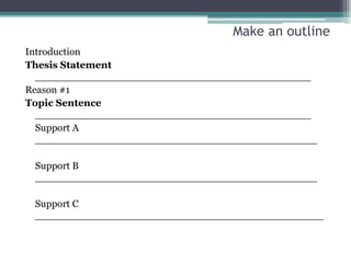 Make an outline
Introduction
Thesis Statement
  ____________________________________________
Reason #1
Topic Sentence
  ____________________________________________
  Support A
  _____________________________________________

 Support B
 _____________________________________________

 Support C
 ______________________________________________
 