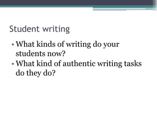 Student writing
• What kinds of writing do your
  students now?
• What kind of authentic writing tasks
  do they do?
 