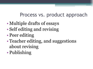 Process vs. product approach
• Multiple drafts of essays
• Self editing and revising
• Peer editing
• Teacher editing, and suggestions
  about revising
• Publishing
 