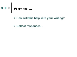 Writing …
   How will this help with your writing?

   Collect responses…
 
