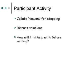 Participant Activity

   Collate ‘reasons for stopping’

   Discuss solutions

   How will this help with future
    writing?
 