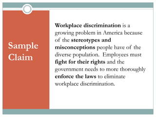 Sample
Claim

Workplace discrimination is a
growing problem in America because
of the stereotypes and
misconceptions people have of the
diverse population. Employees must
fight for their rights and the
government needs to more thoroughly
enforce the laws to eliminate
workplace discrimination.

 