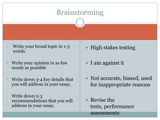 Brainstorming

•

Write your broad topic in 1-3
words.

 High stakes testing

• Write your opinion in as few

 I am against it

• Write down 3-4 key details that

 Not accurate, biased, used

words as possible

you will address in your essay.

• Write down 2-3

recommendations that you will
address in your essay.

for inappropriate reasons
 Revise the

tests, performance
assessments

 