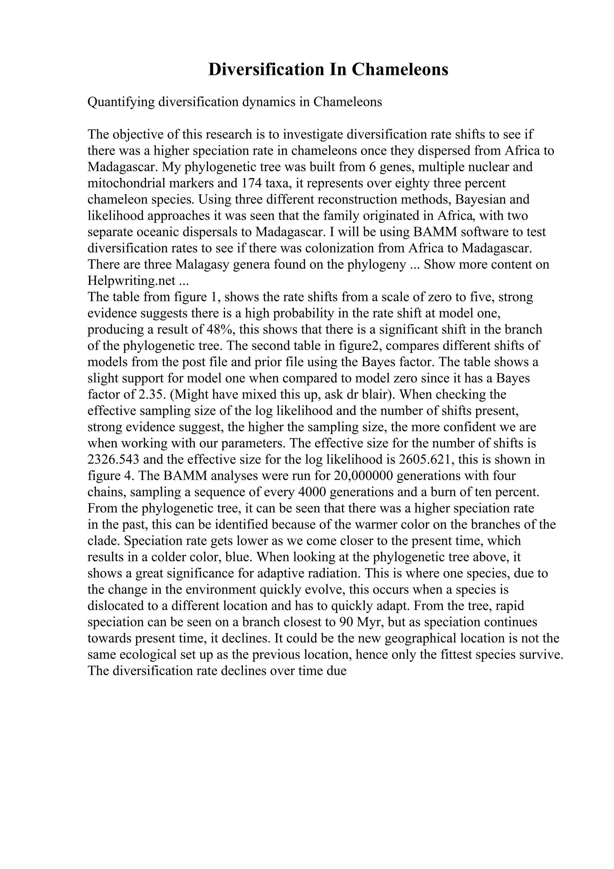 Diversification In Chameleons
Quantifying diversification dynamics in Chameleons
The objective of this research is to investigate diversification rate shifts to see if
there was a higher speciation rate in chameleons once they dispersed from Africa to
Madagascar. My phylogenetic tree was built from 6 genes, multiple nuclear and
mitochondrial markers and 174 taxa, it represents over eighty three percent
chameleon species. Using three different reconstruction methods, Bayesian and
likelihood approaches it was seen that the family originated in Africa, with two
separate oceanic dispersals to Madagascar. I will be using BAMM software to test
diversification rates to see if there was colonization from Africa to Madagascar.
There are three Malagasy genera found on the phylogeny ... Show more content on
Helpwriting.net ...
The table from figure 1, shows the rate shifts from a scale of zero to five, strong
evidence suggests there is a high probability in the rate shift at model one,
producing a result of 48%, this shows that there is a significant shift in the branch
of the phylogenetic tree. The second table in figure2, compares different shifts of
models from the post file and prior file using the Bayes factor. The table shows a
slight support for model one when compared to model zero since it has a Bayes
factor of 2.35. (Might have mixed this up, ask dr blair). When checking the
effective sampling size of the log likelihood and the number of shifts present,
strong evidence suggest, the higher the sampling size, the more confident we are
when working with our parameters. The effective size for the number of shifts is
2326.543 and the effective size for the log likelihood is 2605.621, this is shown in
figure 4. The BAMM analyses were run for 20,000000 generations with four
chains, sampling a sequence of every 4000 generations and a burn of ten percent.
From the phylogenetic tree, it can be seen that there was a higher speciation rate
in the past, this can be identified because of the warmer color on the branches of the
clade. Speciation rate gets lower as we come closer to the present time, which
results in a colder color, blue. When looking at the phylogenetic tree above, it
shows a great significance for adaptive radiation. This is where one species, due to
the change in the environment quickly evolve, this occurs when a species is
dislocated to a different location and has to quickly adapt. From the tree, rapid
speciation can be seen on a branch closest to 90 Myr, but as speciation continues
towards present time, it declines. It could be the new geographical location is not the
same ecological set up as the previous location, hence only the fittest species survive.
The diversification rate declines over time due
 