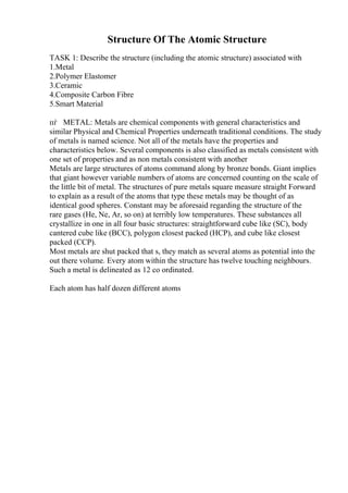 Structure Of The Atomic Structure
TASK 1: Describe the structure (including the atomic structure) associated with
1.Metal
2.Polymer Elastomer
3.Ceramic
4.Composite Carbon Fibre
5.Smart Material
пѓ METAL: Metals are chemical components with general characteristics and
similar Physical and Chemical Properties underneath traditional conditions. The study
of metals is named science. Not all of the metals have the properties and
characteristics below. Several components is also classified as metals consistent with
one set of properties and as non metals consistent with another
Metals are large structures of atoms command along by bronze bonds. Giant implies
that giant however variable numbers of atoms are concerned counting on the scale of
the little bit of metal. The structures of pure metals square measure straight Forward
to explain as a result of the atoms that type these metals may be thought of as
identical good spheres. Constant may be aforesaid regarding the structure of the
rare gases (He, Ne, Ar, so on) at terribly low temperatures. These substances all
crystallize in one in all four basic structures: straightforward cube like (SC), body
cantered cube like (BCC), polygon closest packed (HCP), and cube like closest
packed (CCP).
Most metals are shut packed that s, they match as several atoms as potential into the
out there volume. Every atom within the structure has twelve touching neighbours.
Such a metal is delineated as 12 co ordinated.
Each atom has half dozen different atoms
 