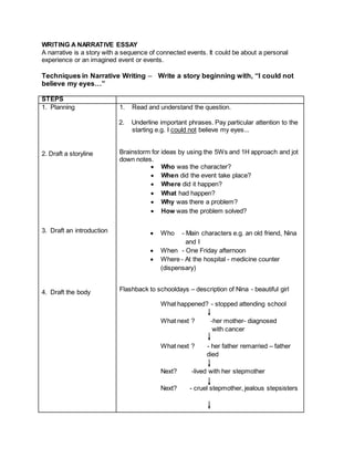 WRITING A NARRATIVE ESSAY
A narrative is a story with a sequence of connected events. It could be about a personal
experience or an imagined event or events.
Techniques in Narrative Writing – Write a story beginning with, “I could not
believe my eyes…”
STEPS
1. Planning
2. Draft a storyline
3. Draft an introduction
4. Draft the body
1. Read and understand the question.
2. Underline important phrases. Pay particular attention to the
starting e.g. I could not believe my eyes...
Brainstorm for ideas by using the 5Ws and 1H approach and jot
down notes.
 Who was the character?
 When did the event take place?
 Where did it happen?
 What had happen?
 Why was there a problem?
 How was the problem solved?
 Who - Main characters e.g. an old friend, Nina
and I
 When - One Friday afternoon
 Where - At the hospital - medicine counter
(dispensary)
Flashback to schooldays – description of Nina - beautiful girl
What happened? - stopped attending school
What next ? -her mother- diagnosed
with cancer
What next ? - her father remarried – father
died
Next? -lived with her stepmother
Next? - cruel stepmother, jealous stepsisters
 