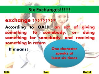 Dilli Ram Kattel
Six Exchanges!!!!!!
exchange ?????????
According to OALD, an act of giving
something to somebody, or doing
something for somebody, and receiving
something in return
It means? One character
speaks at
least six times
 