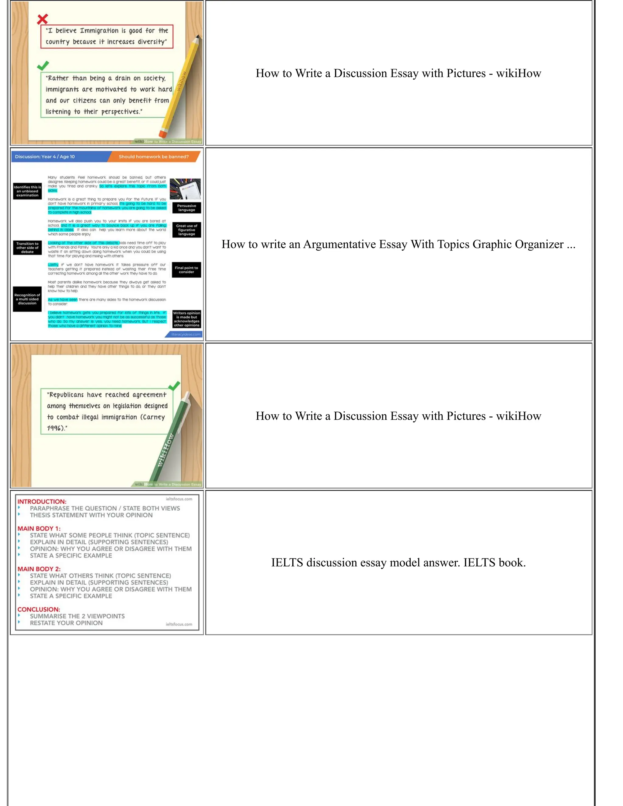 How to Write a Discussion Essay with Pictures - wikiHow
How to write an Argumentative Essay With Topics Graphic Organizer ...
How to Write a Discussion Essay with Pictures - wikiHow
IELTS discussion essay model answer. IELTS book.
 
