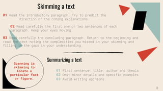 Skimming a text
01 Read the introductory paragraph. Try to predict the
direction of the coming explanations.
02 Read carefully the first one or two sentences of each
paragraph. Keep your eyes moving.
03 Read carefully the concluding paragraph. Return to the beginning and
read the text noting the complexities you missed in your skimming and
filling in the gaps in your understanding.
Scanning is
skimming to
locate a
particular fact
or figure.
Summarizing a text
01 First sentence: title, author and thesis.
02 Omit minor details and specific examples.
03 Avoid writing opinions.
8
 