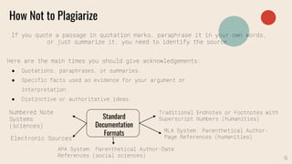 If you quote a passage in quotation marks, paraphrase it in your own words,
or just summarize it, you need to identify the source.
How Not to Plagiarize
Here are the main times you should give acknowledgements:
● Quotations, paraphrases, or summaries.
● Specific facts used as evidence for your argument or
interpretation.
● Distinctive or authoritative ideas.
Standard
Documentation
Formats
Traditional Endnotes or Footnotes with
Superscript Numbers (humanities)
MLA System: Parenthetical Author-
Page References (humanities)
APA System: Parenthetical Author-Date
References (social sciences)
Numbered Note
Systems
(sciences)
Electronic Sources
9
 