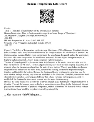 Banana Temperature Lab Report
Results
Table 1: The Effect of Temperature on the Brownness of Bananas
Banana Temperature Time in Environment Average Absorbance Range of Absorbance
A Refrigerator (8 degrees Celsius) 9.5 hours 0.1336
.089 .192
B Room Temperature 9.5 hours 0.057 .048 .067
C Toaster Oven (94 degrees Celsius) 25 minutes 0.0624
.053 .075
Figure 1: The Effect of Temperature on the Average Absorbance (AU) of Bananas The data indicates
both an indirect and a direct relationship between the temperature and the absorbance of bananas. As
the temperature increased before room temperature, the absorbance decreased, and as the temperature
increased after room temperature, the absorbance increased. Because higher absorption means a
higher a higher amount of ... Show more content on Helpwriting.net ...
The rate of browning could ve been even more if the bananas in the toaster oven were also kept in
their environment for 9.5 hours. The lack of partners may have made the data slightly inaccurate. For
example when the banana was placed into the water, it was shaken. When it was shaken, the banana
fragments were mixed with the water more, but after the shaking, the banana fragments clumped
together and floated to the bottom. Because the flasks could only be shaken two at a time (one for
each hand on a single person), they were not all shaken at the same time. Therefore, some flasks were
strained into water after a shorter period of time than others. Having a partner/partners could ve
enabled all the flasks to be shaken and strained into the water simultaneously.
Because the same banana was used for all five trials of each level, there might ve been more errors in
the data. If one of the bananas happened to have a mutation or something similar that caused it to not
produce the normal amount of phenolic compounds, then all of the trials for that level would ve been
inaccurate and there would ve been know way of knowing of the
... Get more on HelpWriting.net ...
 