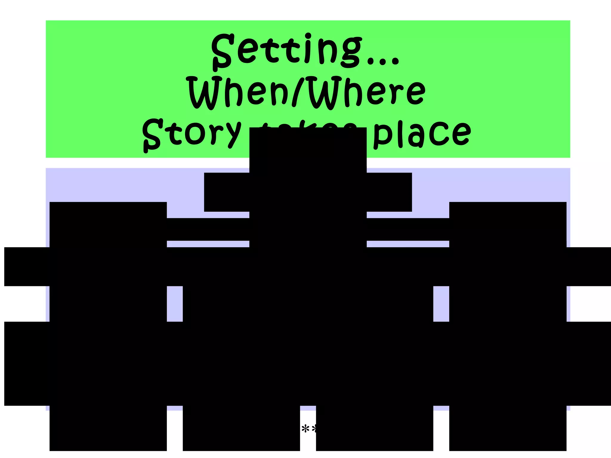 Setting…
When/Where
Story takes place
S u m m e r/W in te r
S p rin g /A u tu m n
S e a s o n
D a y /N ig h t D u s k /D a w n
N o o n /M id n ig h t
T im e
S c h o o l
O c e a n
D e s e rt
P la c e
S e ttin g
***
 