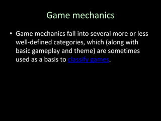 Genres continuedSurvival horror games focus on fear and attempt to scare the player via traditional horror fiction elements such as atmospherics, death, the undead, blood and gore. Graphic adventure games emerged as graphics became more common. Adventure games began to supplement and later on replace textual descriptions with visuals. A visual novel is an adventure game featuring mostly static graphics, usually with anime-style art. The interactive movie.