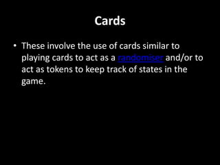 Genres continuedParty games are video games developed specifically for multiplayer games between many players.  Puzzle games require the player to solve logic puzzles or navigate complex locations such as mazes.  Sports games emulate the playing of traditional physical sports.  Trivia games are growing in popularity, especially on mobile phones where people may only have a few minutes to play the game.   Source: Wikipedia