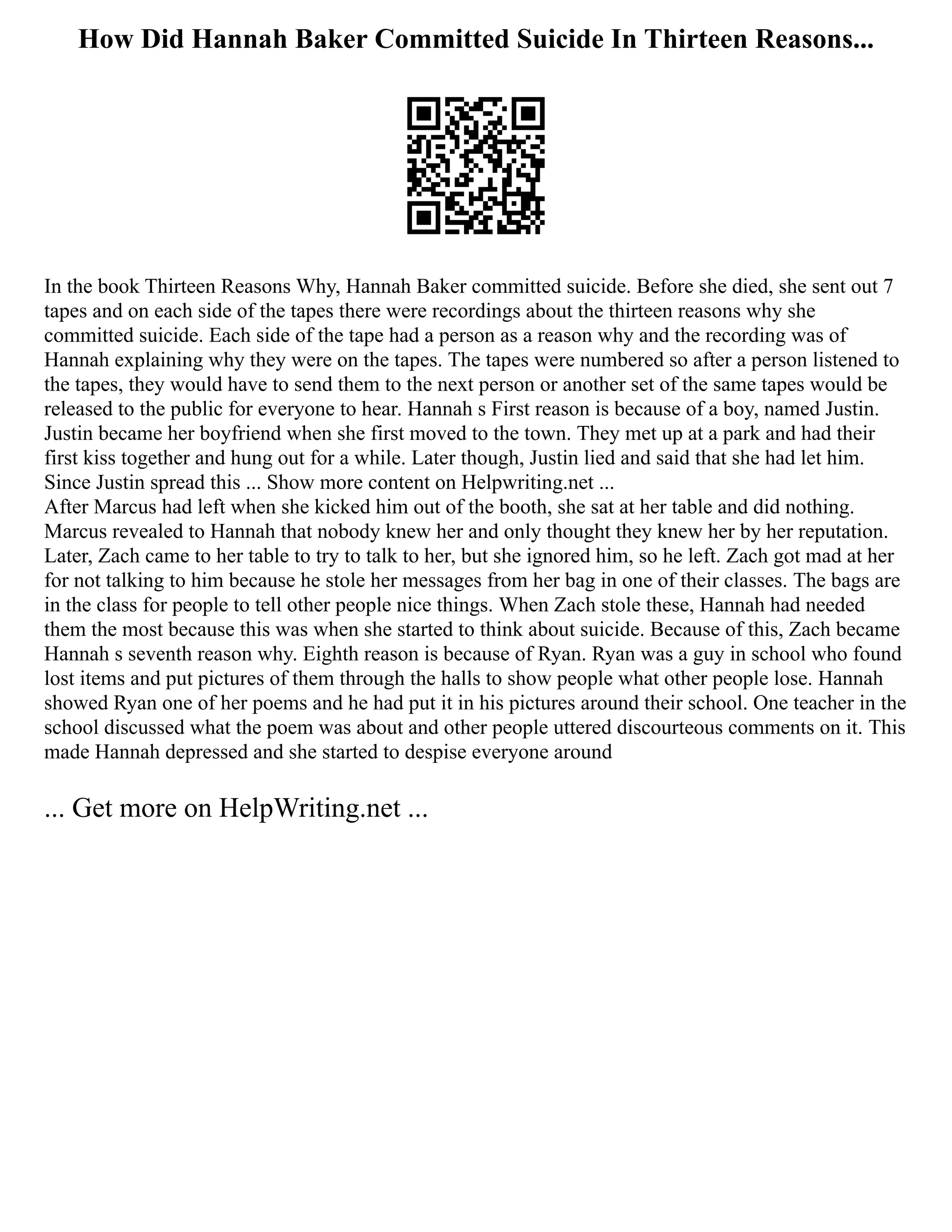 How Did Hannah Baker Committed Suicide In Thirteen Reasons...
In the book Thirteen Reasons Why, Hannah Baker committed suicide. Before she died, she sent out 7
tapes and on each side of the tapes there were recordings about the thirteen reasons why she
committed suicide. Each side of the tape had a person as a reason why and the recording was of
Hannah explaining why they were on the tapes. The tapes were numbered so after a person listened to
the tapes, they would have to send them to the next person or another set of the same tapes would be
released to the public for everyone to hear. Hannah s First reason is because of a boy, named Justin.
Justin became her boyfriend when she first moved to the town. They met up at a park and had their
first kiss together and hung out for a while. Later though, Justin lied and said that she had let him.
Since Justin spread this ... Show more content on Helpwriting.net ...
After Marcus had left when she kicked him out of the booth, she sat at her table and did nothing.
Marcus revealed to Hannah that nobody knew her and only thought they knew her by her reputation.
Later, Zach came to her table to try to talk to her, but she ignored him, so he left. Zach got mad at her
for not talking to him because he stole her messages from her bag in one of their classes. The bags are
in the class for people to tell other people nice things. When Zach stole these, Hannah had needed
them the most because this was when she started to think about suicide. Because of this, Zach became
Hannah s seventh reason why. Eighth reason is because of Ryan. Ryan was a guy in school who found
lost items and put pictures of them through the halls to show people what other people lose. Hannah
showed Ryan one of her poems and he had put it in his pictures around their school. One teacher in the
school discussed what the poem was about and other people uttered discourteous comments on it. This
made Hannah depressed and she started to despise everyone around
... Get more on HelpWriting.net ...
 