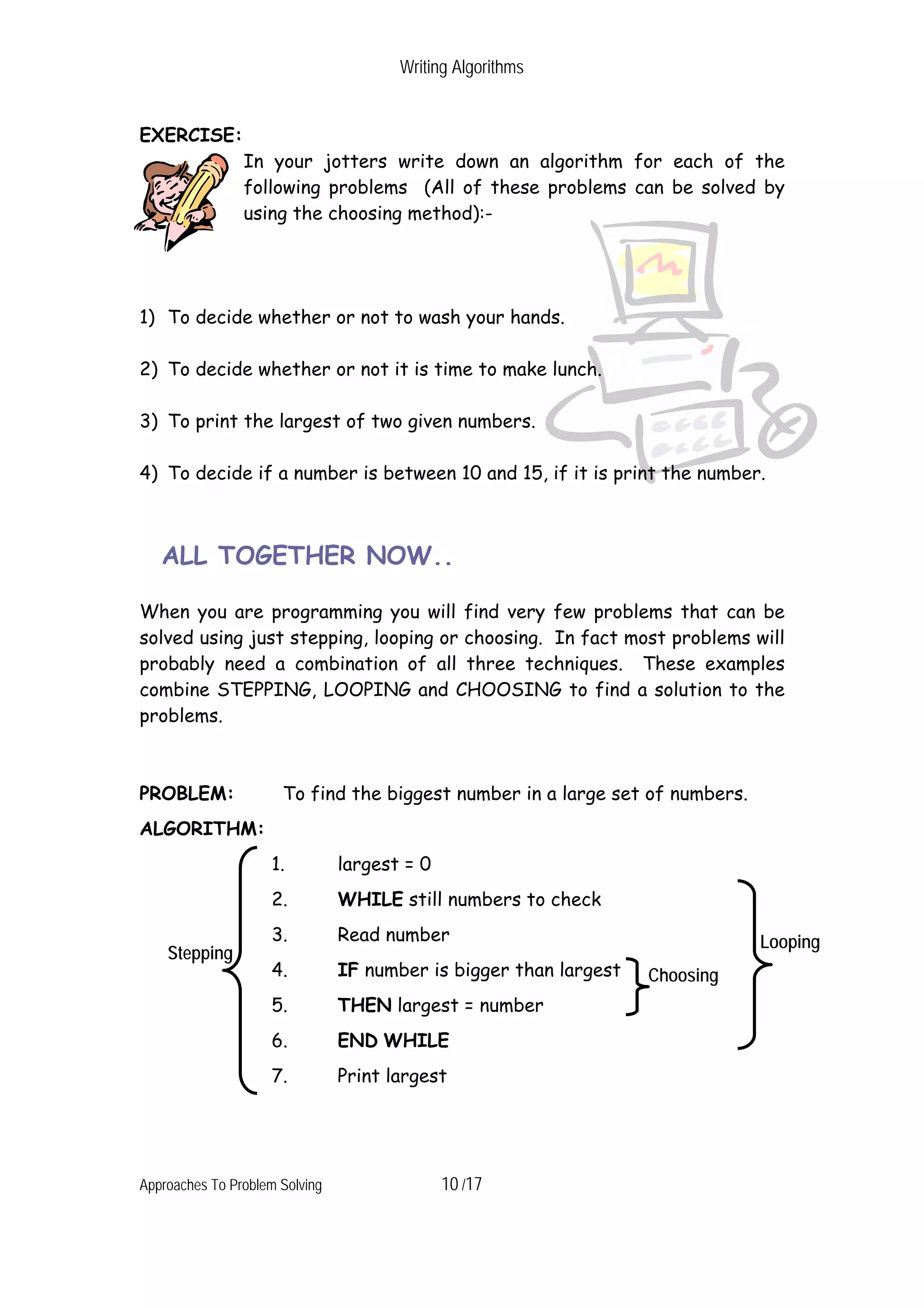 Writing Algorithms EXERCISE: In your jotters write down an algorithm for each of the following problems (All of these problems can be solved by using the choosing method):- 1) To decide whether or not to wash your hands. 2) To decide whether or not it is time to make lunch. 3) To print the largest of two given numbers. 4) To decide if a number is between 10 and 15, if it is print the number. ALL TOGETHER NOW.. When you are programming you will find very few problems that can be solved using just stepping, looping or choosing. In fact most problems will probably need a combination of all three techniques. These examples combine STEPPING, LOOPING and CHOOSING to find a solution to the problems. PROBLEM: To find the biggest number in a large set of numbers. ALGORITHM: 1. largest = 0 2. WHILE still numbers to check 3. Read number Looping Stepping 4. IF number is bigger than largest Choosing 5. THEN largest = number 6. END WHILE 7. Print largest Approaches To Problem Solving 10 /17 