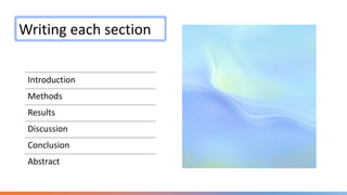 Writing each section
Introduction
Methods
Results
Discussion
Conclusion
Abstract
 
