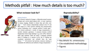 Methods pitfall : How much details is too much?
• Key details Vs. unnecessary
• Cite established methodology
• Figures
What reviewer look for? Reproducibility?
 