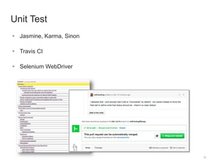 33 
Unit Test 
 Jasmine, Karma, Sinon 
 Travis CI 
 Selenium WebDriver 
 