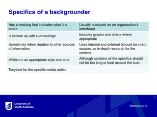 Specifics of a backgrounder
5
Has a heading that indicates what it is
about
Usually produced on an organisation’s
letterhe...