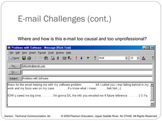 Gerson: Technical Communication, 6e © 2009 Pearson Education, Upper Saddle River, NJ 07458. All Rights Reserved.
E-mail Challenges (cont.)
54
Where and how is this e-mail too causal and too unprofessional?
 
