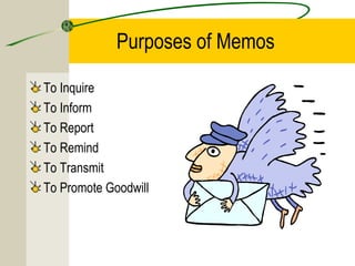 Purposes of Memos

To Inquire
To Inform
To Report
To Remind
To Transmit
To Promote Goodwill
 