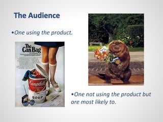 The Audience 
•One using the product. 
•One not using the product but 
are most likely to. 
 