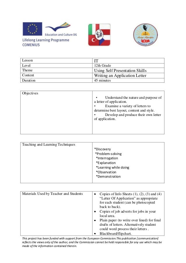 Writing an application letter lesson plan Turkey