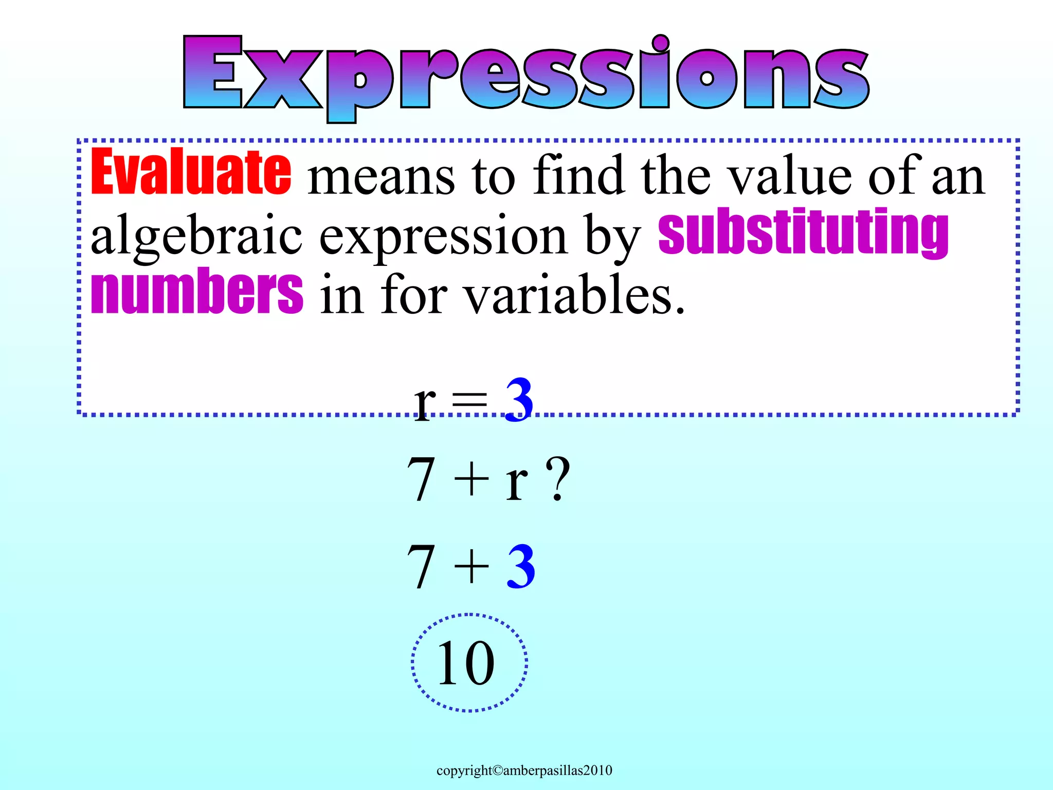 Writing and evaluating algebraic expressions | PPT