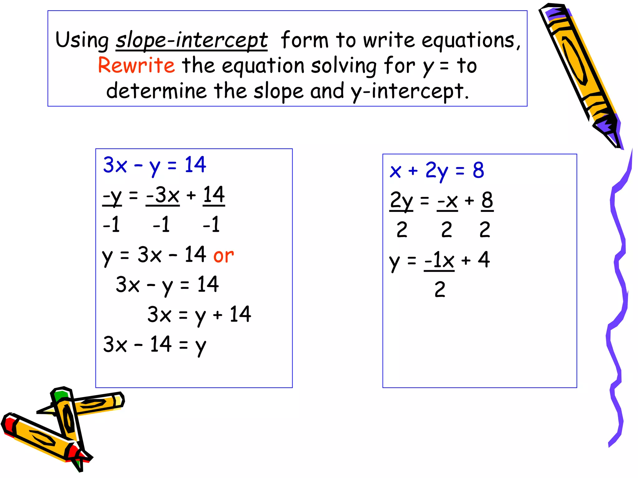 Using slope-intercept form to write equations,
Rewrite the equation solving for y = to
determine the slope and y-intercept.
3x – y = 14
-y = -3x + 14
-1 -1 -1
y = 3x – 14 or
3x – y = 14
3x = y + 14
3x – 14 = y
x + 2y = 8
2y = -x + 8
2 2 2
y = -1x + 4
2
 