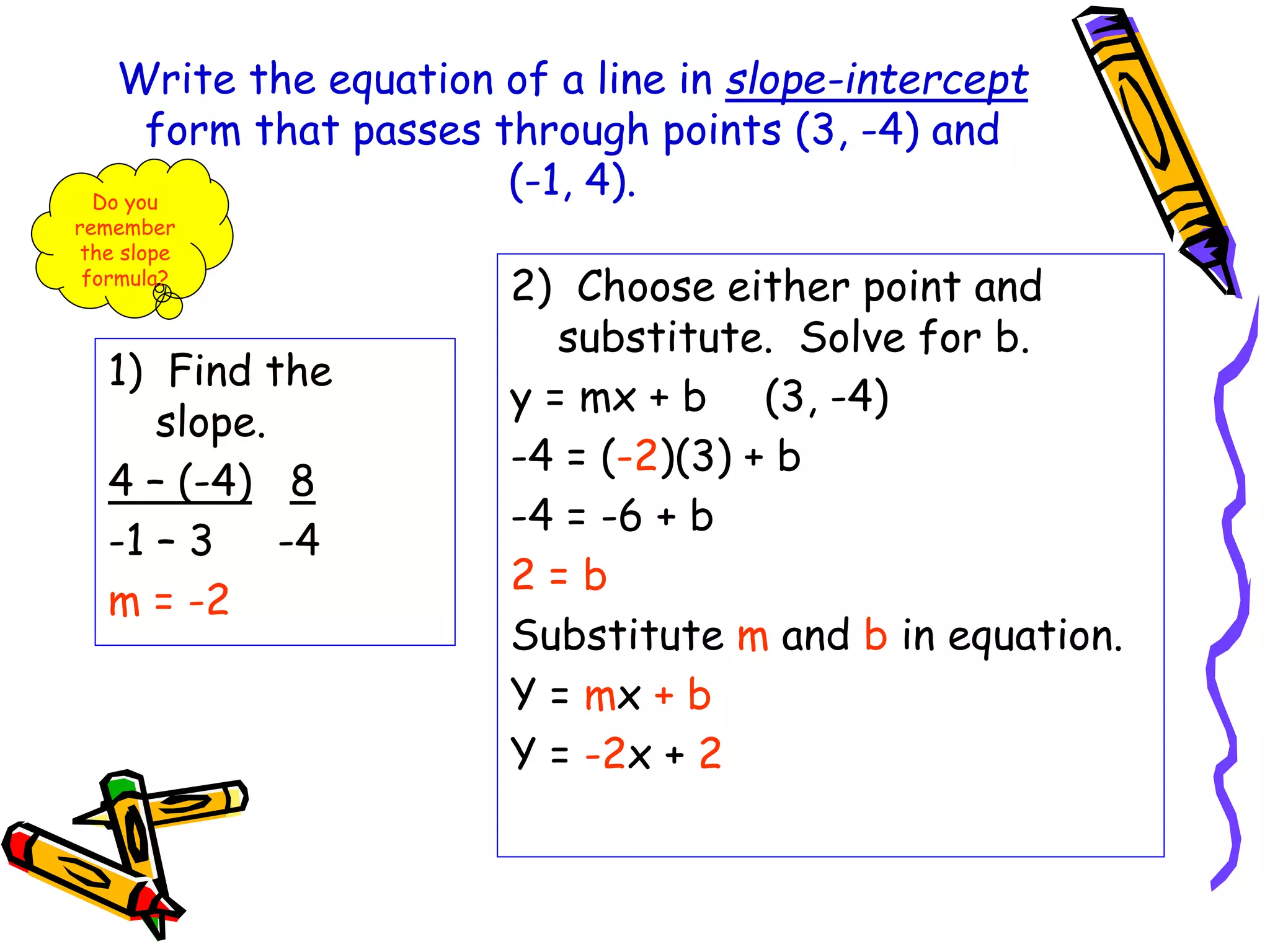 Write the equation of a line in slope-intercept
form that passes through points (3, -4) and
(-1, 4).
1) Find the
slope.
4 – (-4) 8
-1 – 3 -4
m = -2
2) Choose either point and
substitute. Solve for b.
y = mx + b (3, -4)
-4 = (-2)(3) + b
-4 = -6 + b
2 = b
Substitute m and b in equation.
Y = mx + b
Y = -2x + 2
Do you
remember
the slope
formula?
 