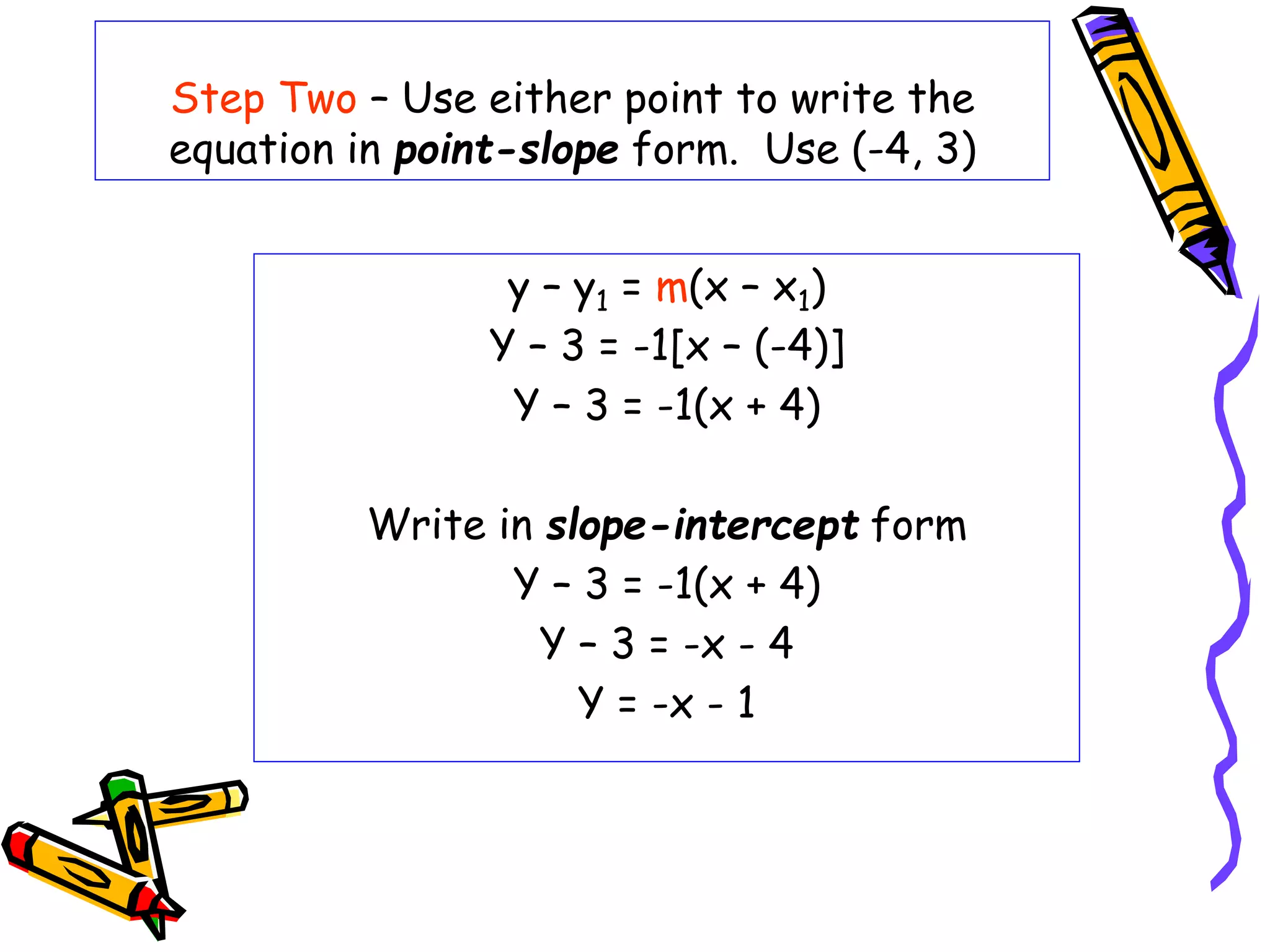 Step Two – Use either point to write the
equation in point-slope form. Use (-4, 3)
y – y1 = m(x – x1)
Y – 3 = -1[x – (-4)]
Y – 3 = -1(x + 4)
Write in slope-intercept form
Y – 3 = -1(x + 4)
Y – 3 = -x - 4
Y = -x - 1
 