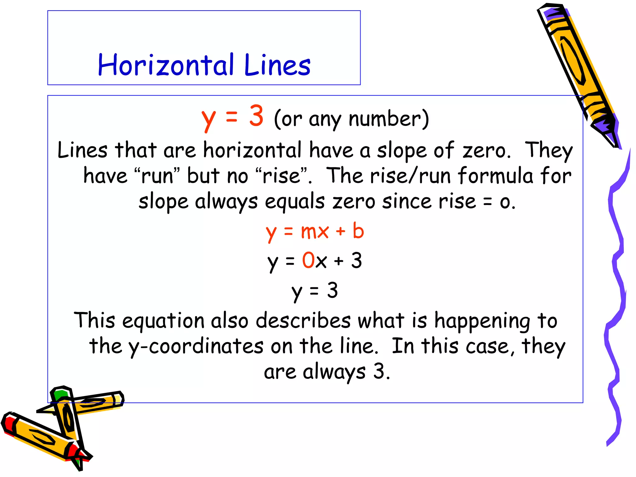 Horizontal Lines
y = 3 (or any number)
Lines that are horizontal have a slope of zero. They
have “run” but no “rise”. The rise/run formula for
slope always equals zero since rise = o.
y = mx + b
y = 0x + 3
y = 3
This equation also describes what is happening to
the y-coordinates on the line. In this case, they
are always 3.
 