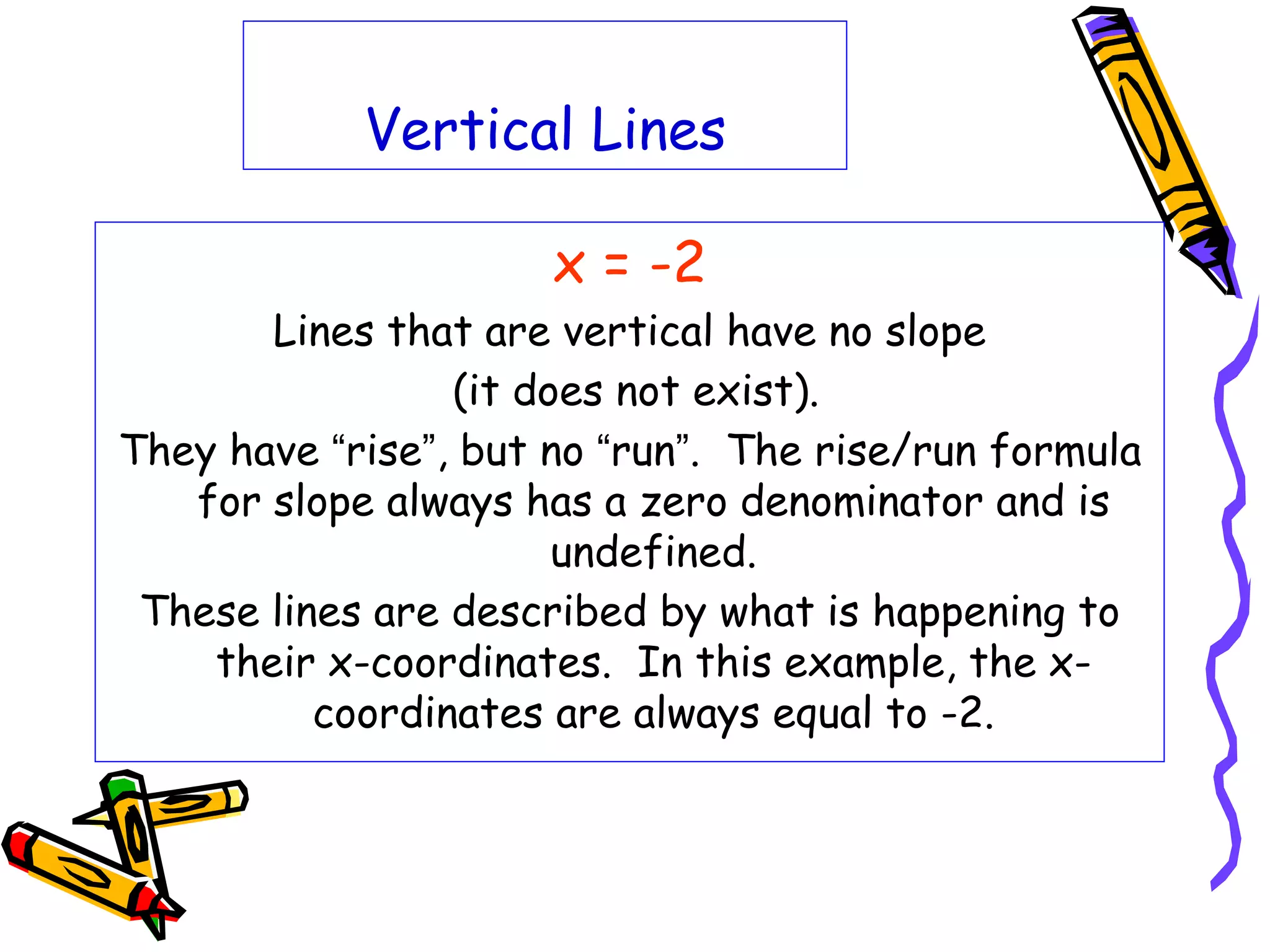 Vertical Lines
x = -2
Lines that are vertical have no slope
(it does not exist).
They have “rise”, but no “run”. The rise/run formula
for slope always has a zero denominator and is
undefined.
These lines are described by what is happening to
their x-coordinates. In this example, the x-
coordinates are always equal to -2.
 