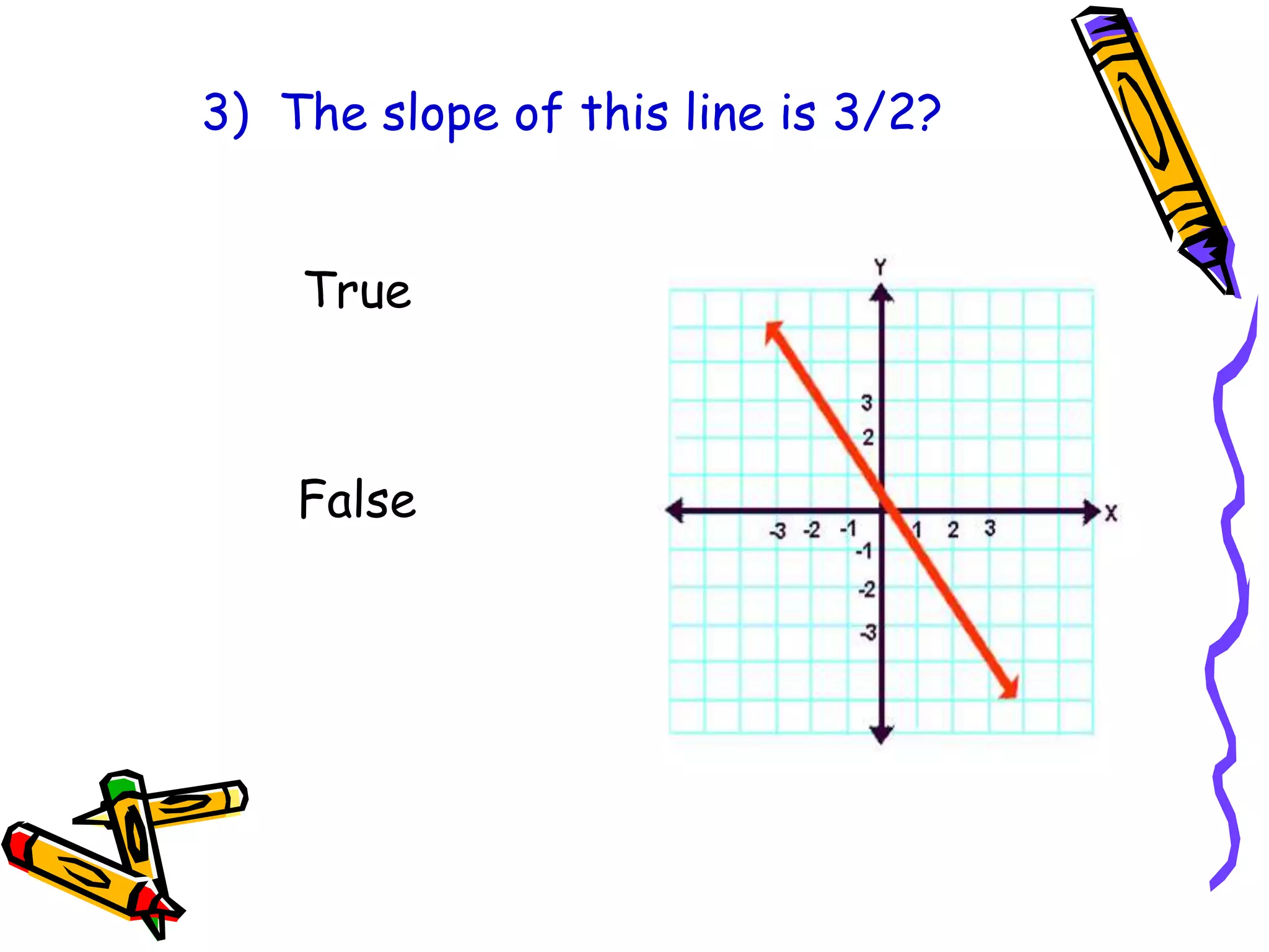 3) The slope of this line is 3/2?
True
False
 