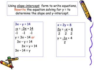 Using slope-intercept form to write equations,
Rewrite the equation solving for y = to
determine the slope and y-intercept.
3x – y = 14
-y = -3x + 14
-1 -1 -1
y = 3x – 14 or
3x – y = 14
3x = y + 14
3x – 14 = y
x + 2y = 8
2y = -x + 8
2 2 2
y = -1x + 4
2
 