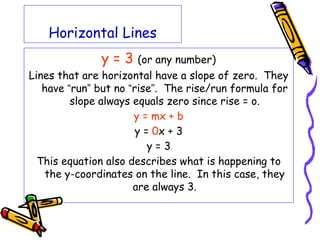 Horizontal Lines
y = 3 (or any number)
Lines that are horizontal have a slope of zero. They
have “run” but no “rise”. The rise/run formula for
slope always equals zero since rise = o.
y = mx + b
y = 0x + 3
y = 3
This equation also describes what is happening to
the y-coordinates on the line. In this case, they
are always 3.
 
