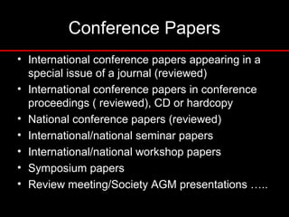 Conference Papers
• International conference papers appearing in a
special issue of a journal (reviewed)
• International conference papers in conference
proceedings ( reviewed), CD or hardcopy
• National conference papers (reviewed)
• International/national seminar papers
• International/national workshop papers
• Symposium papers
• Review meeting/Society AGM presentations …..
 